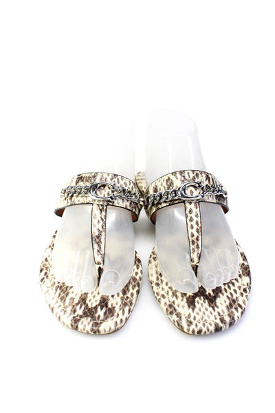 Coach Women's Leather Snakeskin Print T-strap Chain Sandals Brown Size 7.5