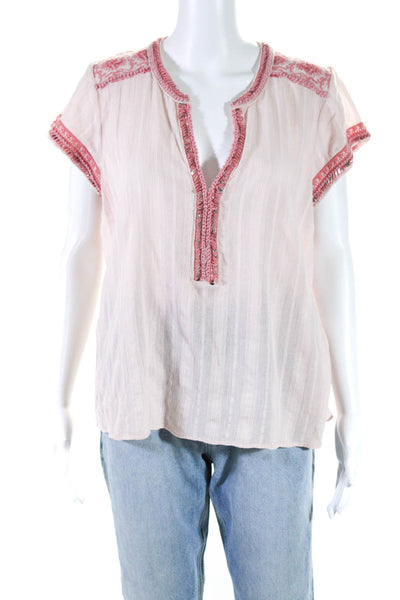 Calypso Saint Barth Womens Cotton Sequin Embroidered V-Neck Blouse Pink Size M
