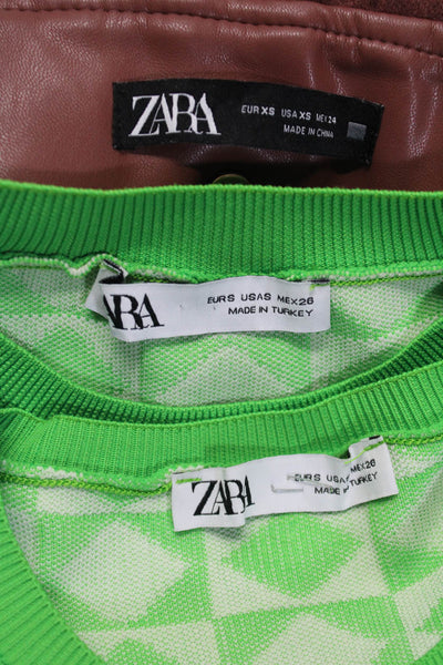 Zara Womens Checkered Crop Top Cardigan Skirt Green White Brown Size XS S Lot 3