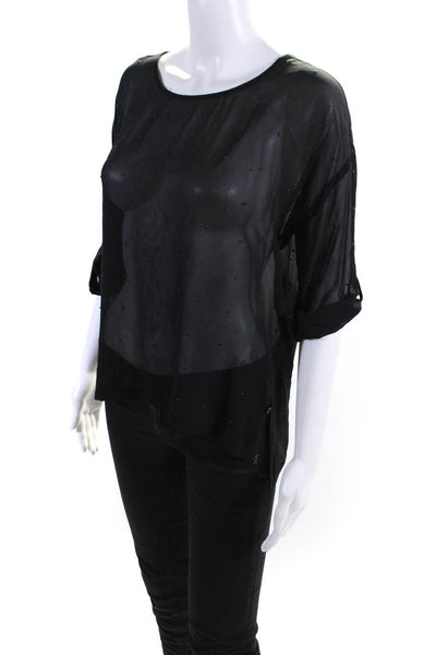 AG Women's Round Neck 3/4 Sleeves Studs Blouse Black Size XS