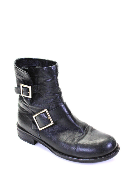 Jimmy Choo Womens Double Buckle Ankle Boots Black Leather Size 37.5