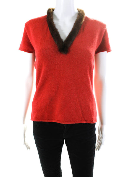 Etro Milano Womens Wool Knit Mink Trim V-Neck Short Sleeve Shirt Top Red Size M