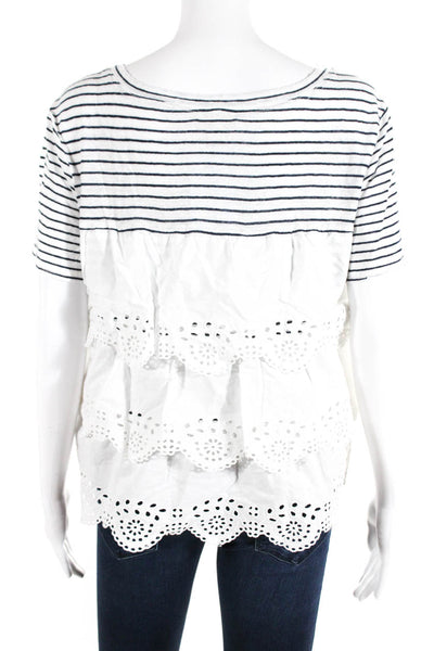 Joie Womens Short Sleeve Embroidered Eyelet Hem Top Tee Shirt White Blue Medium