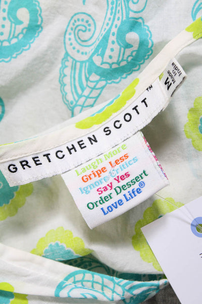 Gretchen Scott Womens Long Sleeve Paisley Tunic Blouse Blue White Green Medium