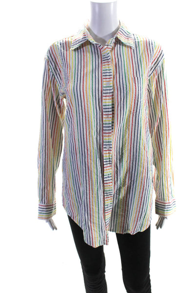 Solid & Striped Womens Oversize Rainbow Striped Button Down Blouse White Size XS