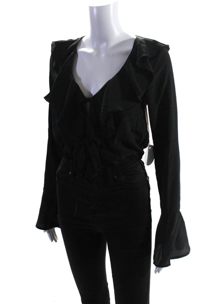 More To Come Womens Long Sleeve Ruffled V-Neck Tie Blouse Top Black Size XS