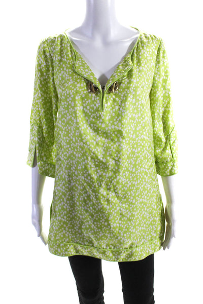 Elizabeth McKay Women's 3/4 Sleeve Floral Print Silk Tunic Top Green Size 6