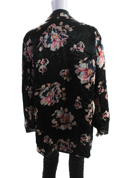 Ettitwa Womens Floral Print Collared Open Front Long Sleeve Blazer Black Size M