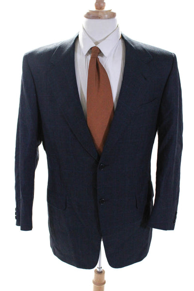 Canali Mens Check Print Two Button Woven Blazer Jacket Navy Blue Wool Size IT 52