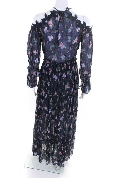 Tryb Womens Long Sleeve Leaf Embroidered Trim Floral Lurex Long Dress Blue Small