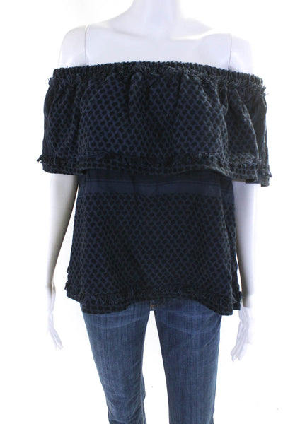 Cecile Womens Blue Cotton Printed Fringe Detail Off Shoulder Blouse Top Size 1