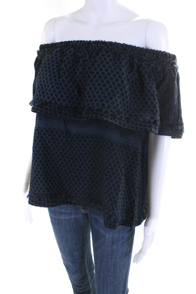 Cecile Womens Blue Cotton Printed Fringe Detail Off Shoulder Blouse Top Size 1