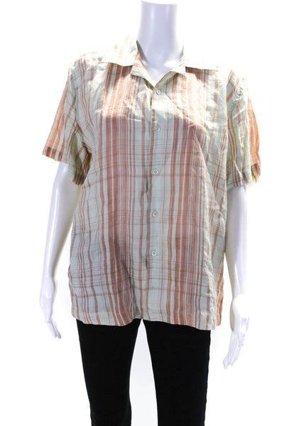 Something Navy Womens Short Sleeve Plaid Shirt Blouse Green Orange Ramie Small