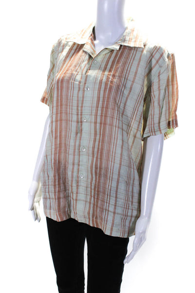 Something Navy Womens Short Sleeve Plaid Shirt Blouse Green Orange Ramie Small