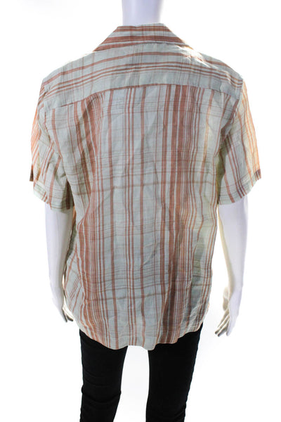 Something Navy Womens Short Sleeve Plaid Shirt Blouse Green Orange Ramie Small