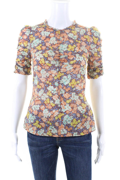 Veronica Beard Women's Ruched Floral Print Short Sleeve Top Multicolor Size 00
