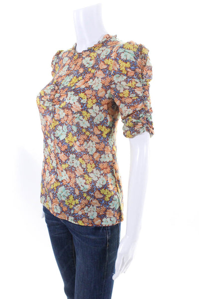 Veronica Beard Women's Ruched Floral Print Short Sleeve Top Multicolor Size 00