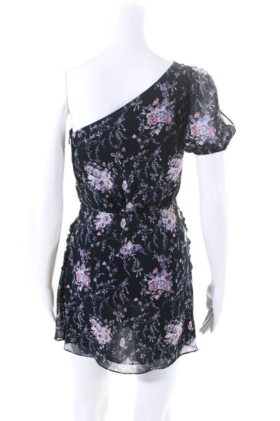 Love Shack Fancy Women's One Shoulder Floral Print Silk Mini Dress Blue Size P