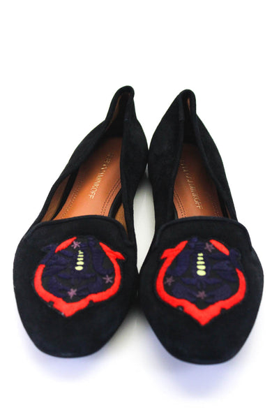 Rebecca Minkoff Women's Suede Round Toe Embroidered Flats Black Size 8.5