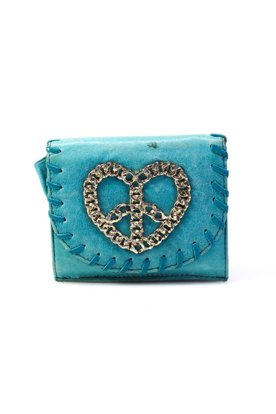 Betsey Johnson Womens Metal Chain Heart Peace Tri Fold Wallet Blue Leather