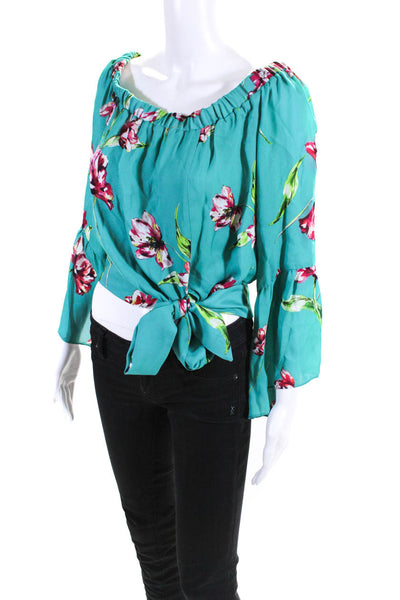 Parker Womens Silk Floral Print Off The Shoulder Blouse Turquoise Size Medium