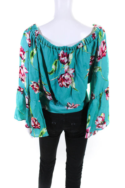 Parker Womens Silk Floral Print Off The Shoulder Blouse Turquoise Size Medium