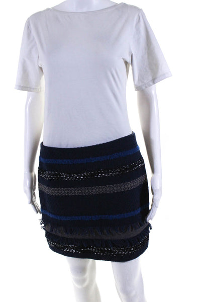 Alice + Olivia Womens Striped Metallic Woven Fringe Zip A-Line Skirt Blue Size 8