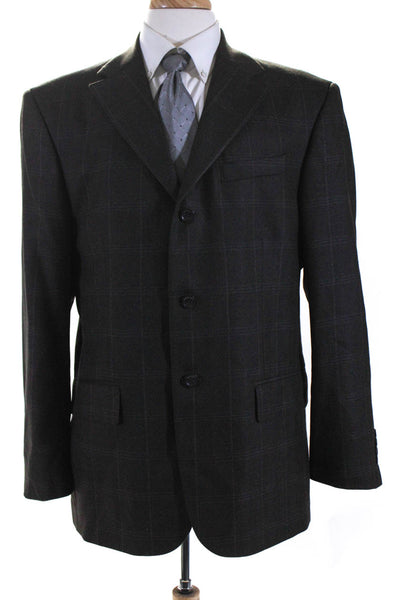 Oscar de la Renta Mens Brown Wool Plaid Three Button Long Sleeve Blazer Size 42R