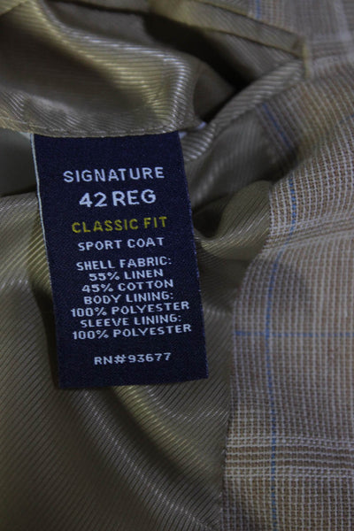 Stafford Mens Light Brown Linen Plaid Two Button Long Sleeve Blazer Size 42R