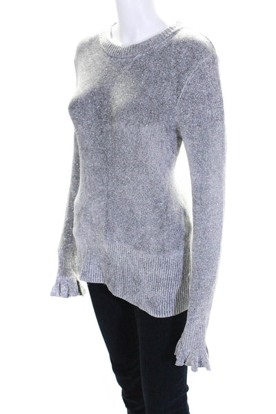 Elie Tahari Womens Metallic Crew Neck Ruffle Sleeve Pullover Sweater Gray Size S