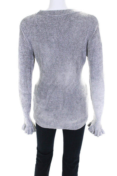 Elie Tahari Womens Metallic Crew Neck Ruffle Sleeve Pullover Sweater Gray Size S