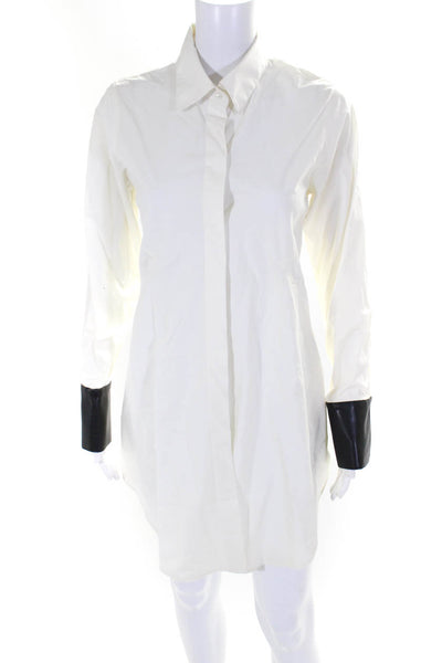 Saks Fifth Avenue Women's Leather Trim Button Down Shirt Dress White Size 4