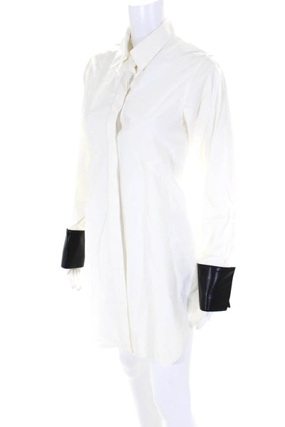 Saks Fifth Avenue Women's Leather Trim Button Down Shirt Dress White Size 4