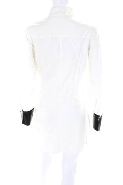 Saks Fifth Avenue Women's Leather Trim Button Down Shirt Dress White Size 4