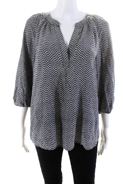 Joie Womens Silk Check Print V-Neck Long Sleeve Pullover Blouse Top Black Size S
