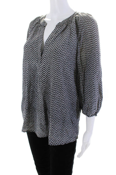 Joie Womens Silk Check Print V-Neck Long Sleeve Pullover Blouse Top Black Size S