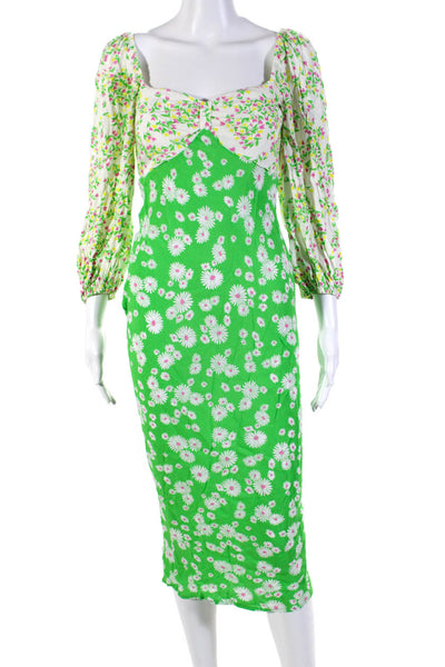 Rixo Womens Floral Empire Waist Long Sleeved Midi Dress Green Cream Pink Size 2