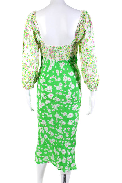 Rixo Womens Floral Empire Waist Long Sleeved Midi Dress Green Cream Pink Size 2