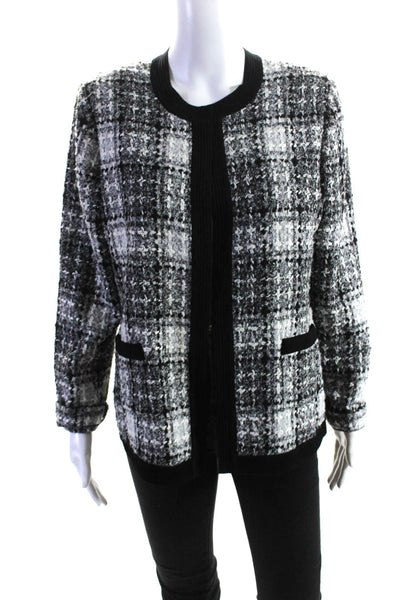Exclusively Misook Womens Knit Checkered Print Cardigan Sweater Black Size M