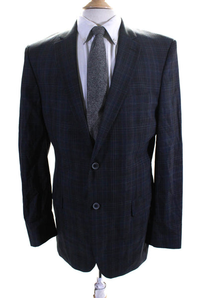 S.Cohen Mens Plaid Two Button Blazer Gray Blue Wool Size 42 Long