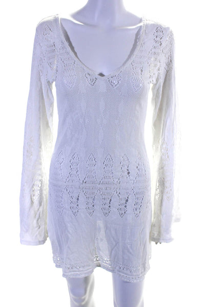 Pily Q Womens Open Knit Textured V-Neck Long Sleeve Mini Dress White Size XS