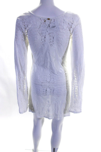 Pily Q Womens Open Knit Textured V-Neck Long Sleeve Mini Dress White Size XS