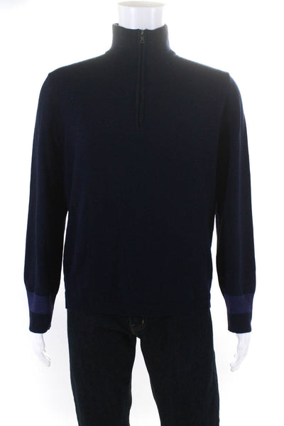 Elie Tahari Mens Wool Quarter Zip High Neck Pullover Sweater Navy Blue Size L