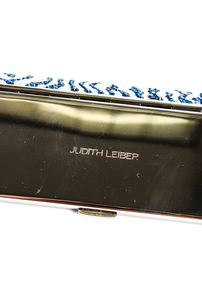 Judith Leiber Womens Silver Tone Metal Crystal Zebra Print Compact Mirror Case