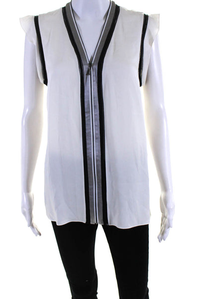 Elie Tahari Womens Silk Cap Sleeve Zipper V-Neck Split Hem Blouse White Size M