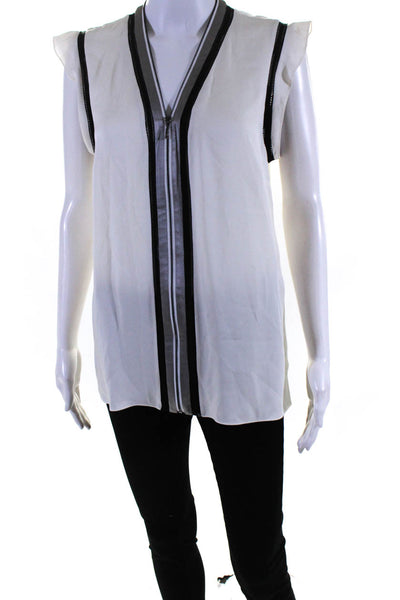 Elie Tahari Womens Silk Cap Sleeve Zipper V-Neck Split Hem Blouse White Size M