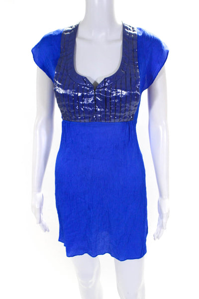 Alexander Wang Womens Silk Pleated Neckline Short Cap Sleeve Dress Blue Size 4
