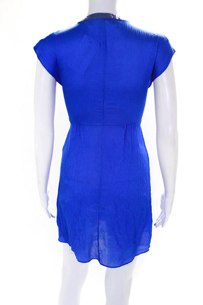 Alexander Wang Womens Silk Pleated Neckline Short Cap Sleeve Dress Blue Size 4