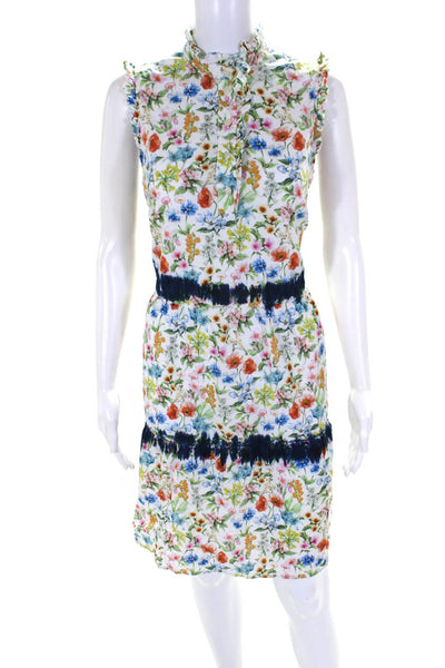 0039 Italy Womens Cotton Floral Sleeveless Ruffled Shift Dress Multicolor Size M
