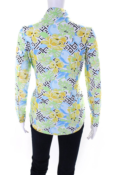 Ibkul Womens Quarter Zip Mock Neck Floral Abstract Shirt White Multi Size XS